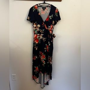 Beautiful Navy and Floral Faux-Wrap Dress